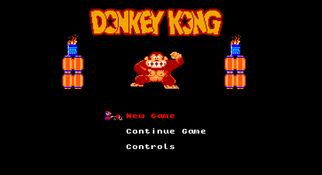 Donkey Kong arcade cabinet. An upright arcade machine with a color screen showing the classic 1981 Nintendo game Donkey Kong. Mario jumps over a barrel thrown by Donkey Kong as he tries to climb a construction frame to rescue Pauline at the top while the giant ape watches.

